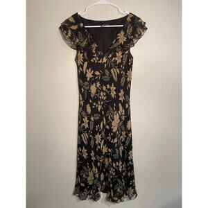Vintage Lauren Ralph‎ Lauren Black Floral Silk Short Flutter Sleeve Midi Dress